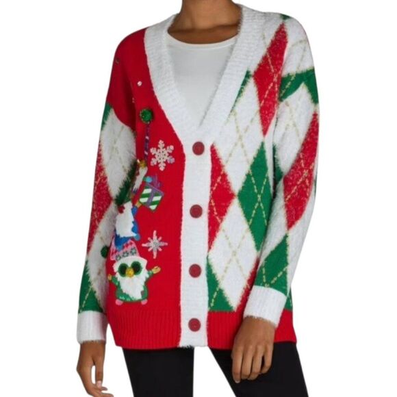 Holiday Time Embellished Cardigan Sweater Tunic Gnomes Snowflakes Argyle size M - Picture 1 of 16